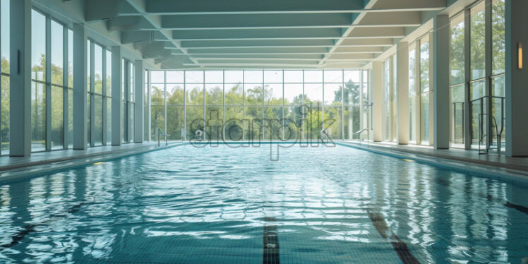 An indoor swimming pool with large windows, allowing natural light to illuminate the clear blue water - Starpik Stock