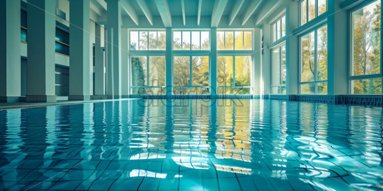 An indoor swimming pool with large windows, allowing natural light to illuminate the clear blue water - Starpik Stock