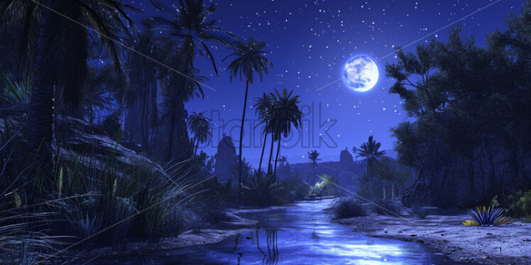 An oasis in the desert at night - Starpik Stock