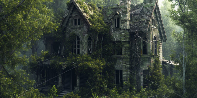 An old and ruined house in the middle of the forest - Starpik Stock