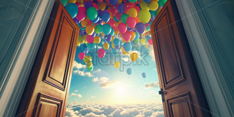 An open wooden door through which balloons come out - Starpik Stock