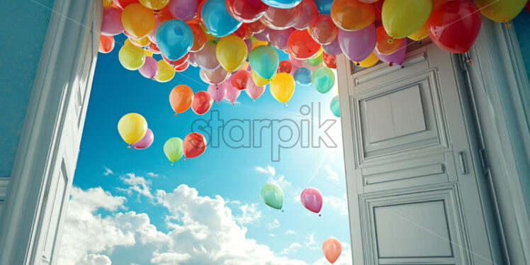 An open wooden door through which balloons come out - Starpik Stock