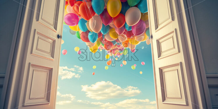 An open wooden door through which balloons come out - Starpik Stock