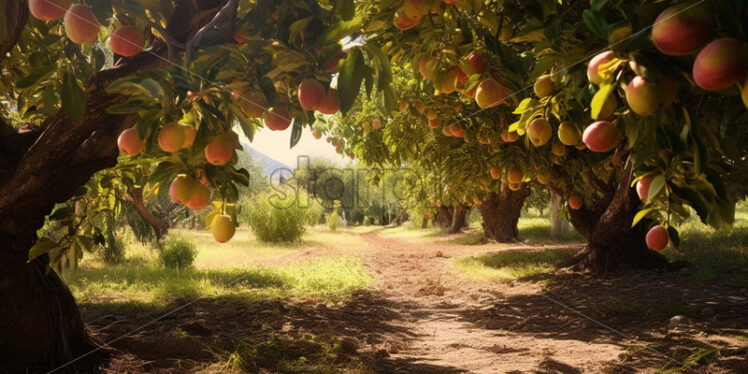 An orchard full of fruit trees. Agricultural landscape - Starpik Stock