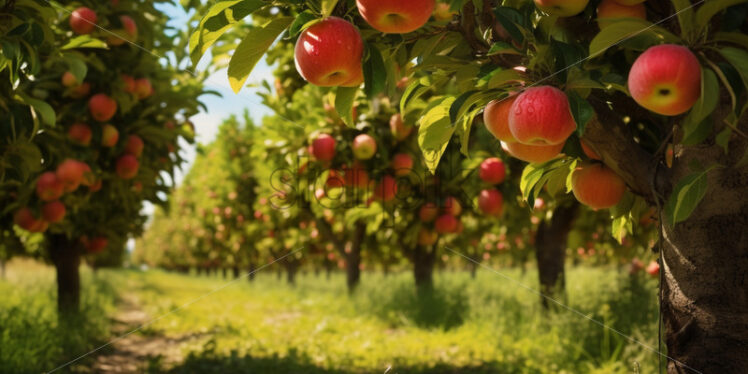 An orchard full of fruit trees. Agricultural landscape - Starpik Stock