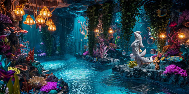 An underwater-themed pool party with mermaid and sea creature decorations, creating an aquatic wonderland - Starpik Stock