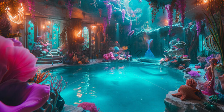 An underwater-themed pool party with mermaid and sea creature decorations, creating an aquatic wonderland - Starpik Stock