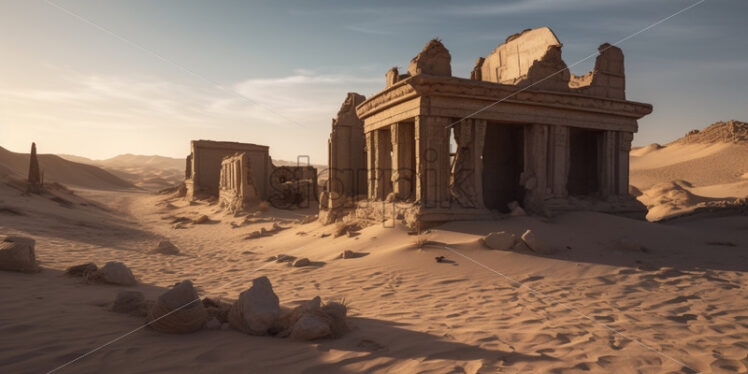 Ancient ruins partially buried in the shifting sands of a remote desert - Starpik Stock