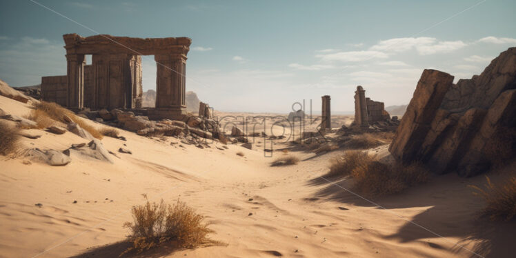 Ancient ruins partially buried in the shifting sands of a remote desert - Starpik Stock