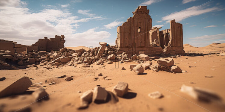 Ancient ruins partially buried in the shifting sands of a remote desert - Starpik Stock