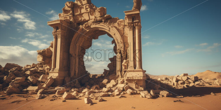 Ancient ruins partially buried in the shifting sands of a remote desert - Starpik Stock