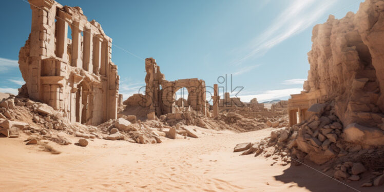 Ancient ruins partially buried in the shifting sands of a remote desert - Starpik Stock