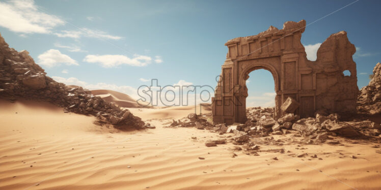 Ancient ruins partially buried in the shifting sands of a remote desert - Starpik Stock