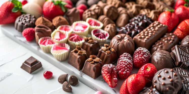 Artfully arranged Valentine's Day dessert charcuterie board featuring an assortment of chocolates, candies, and fruits on a white background - Starpik Stock