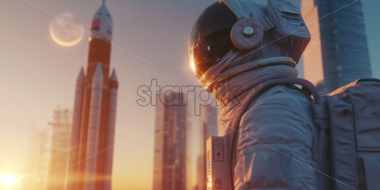 Astronaut in VR glasses near satellite and rocket - Starpik Stock