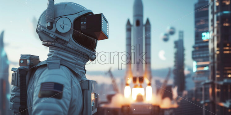 Astronaut in VR glasses near satellite and rocket - Starpik Stock