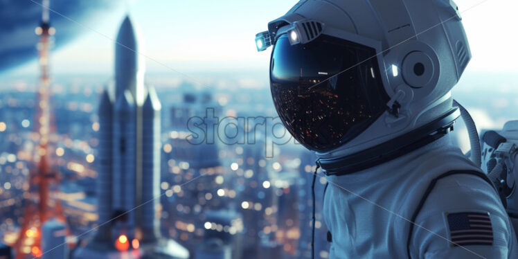 Astronaut in VR glasses near satellite and rocket - Starpik Stock