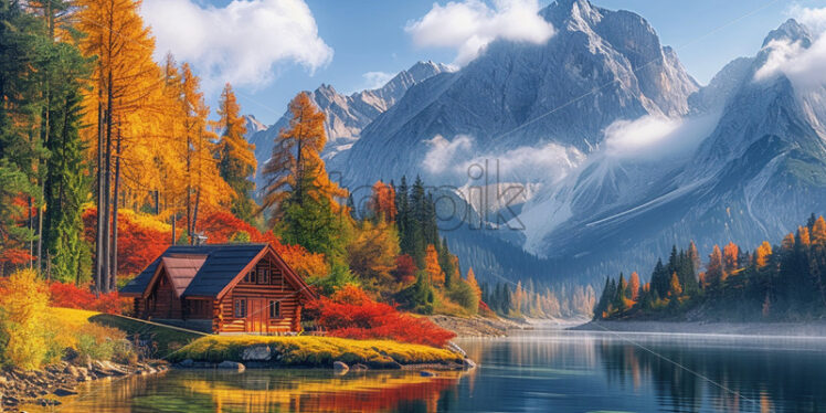 Autumn in the mountainous area next to a river, and among the trees there is a wooden cabin - Starpik Stock