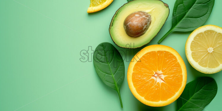  Avocado and orange on green background - Starpik Stock