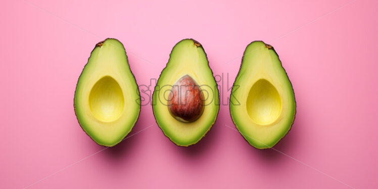 Avocado slices neatly arranged on a pink background - Starpik Stock