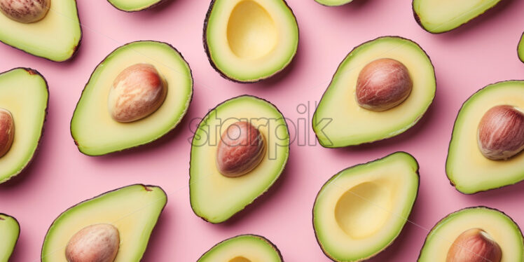 Avocado slices neatly arranged on a pink background - Starpik Stock