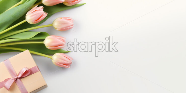 Banner with gift box and spring flowers on isolated white background - Starpik Stock