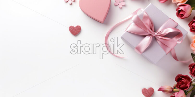 Banner with gift box and spring flowers on isolated white background - Starpik Stock