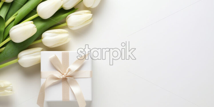 Banner with gift box and spring flowers on isolated white background - Starpik Stock