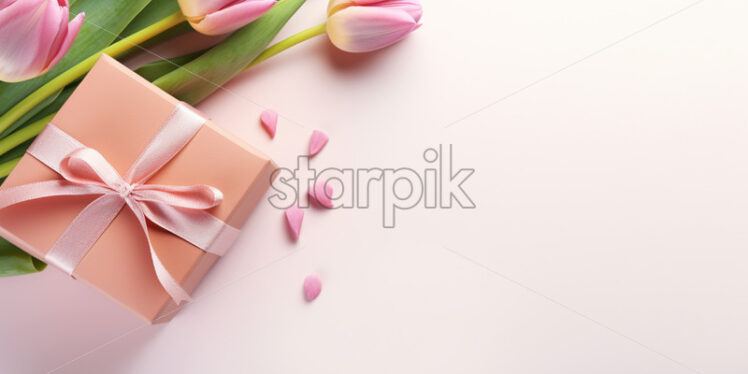 Banner with gift box and spring flowers on isolated white background - Starpik Stock