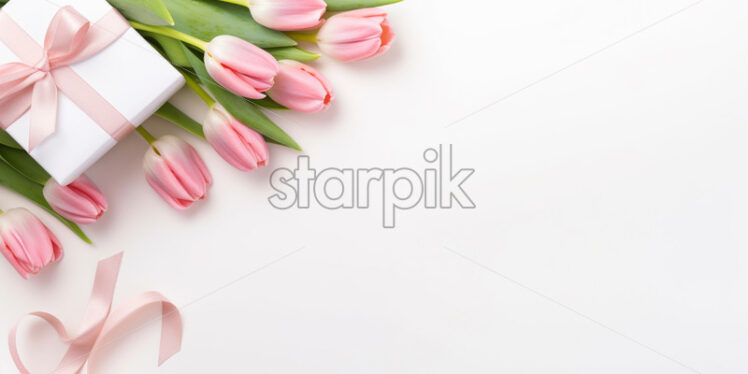 Banner with gift box and spring flowers on isolated white background - Starpik Stock