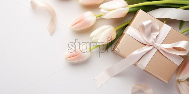 Banner with gift box and spring flowers on isolated white background - Starpik Stock