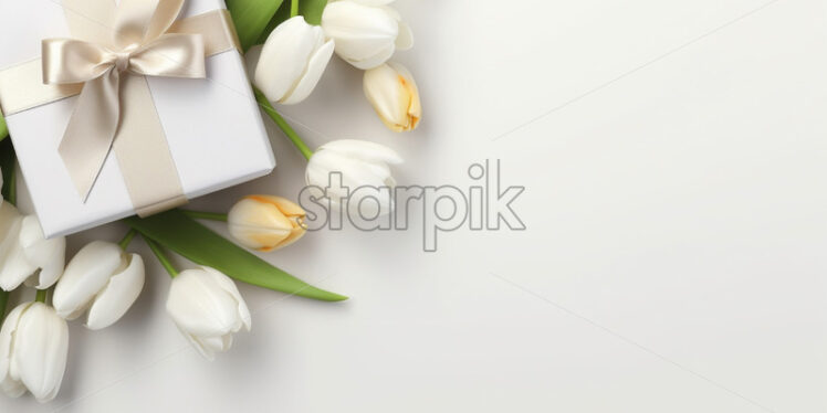 Banner with gift box and spring flowers on isolated white background - Starpik Stock