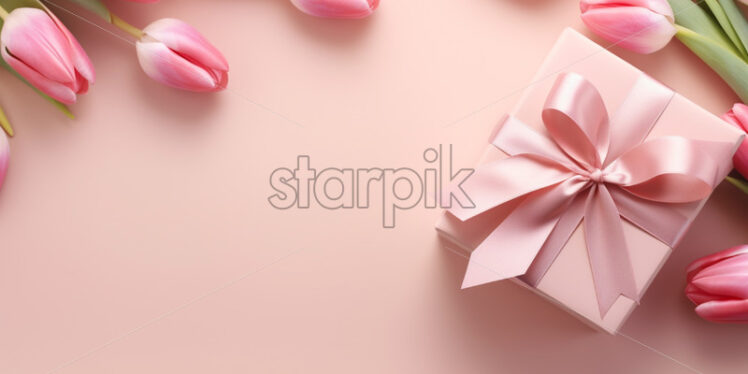 Banner with gift box and spring flowers on isolated white background - Starpik Stock