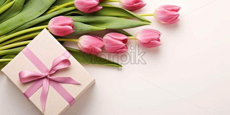 Banner with gift box and spring flowers on isolated white background - Starpik Stock