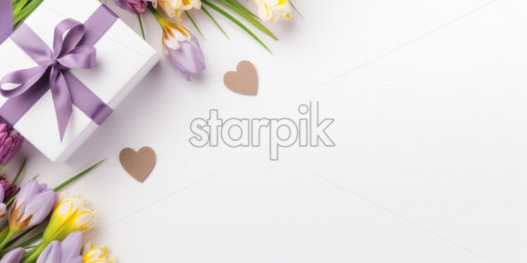 Banner with gift box and spring flowers on isolated white background - Starpik Stock