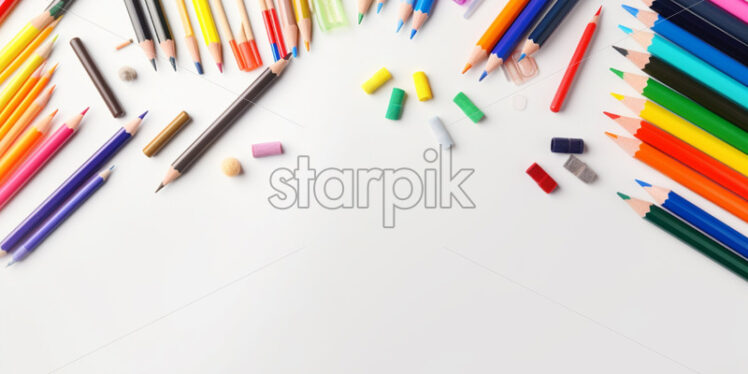 Banner with set of crayons, scissor, colored pens for the school - Starpik Stock