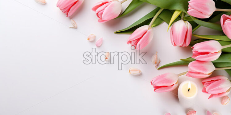 Banner with tulips and candle on isolated white background - Starpik Stock