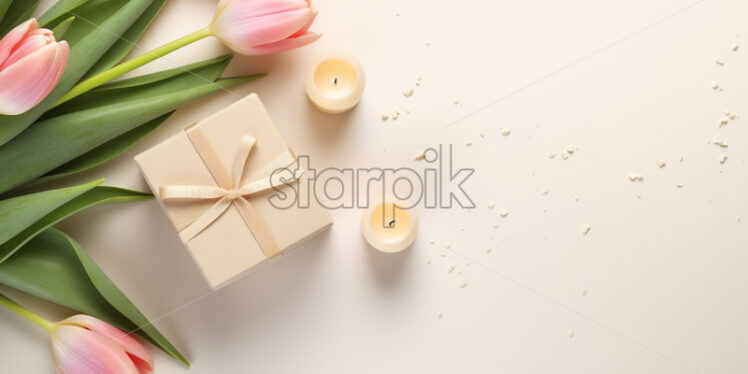 Banner with tulips and candle on isolated white background - Starpik Stock