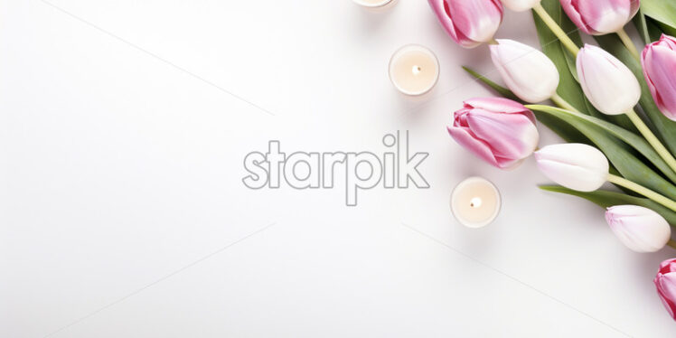 Banner with tulips and candle on isolated white background - Starpik Stock