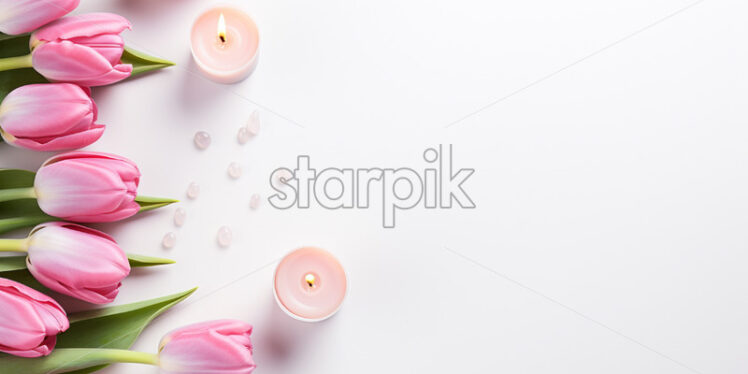  Banner with tulips and candle on isolated white background - Starpik Stock