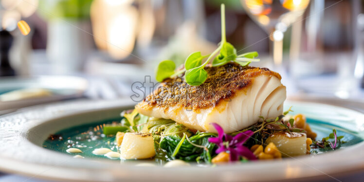 Barramundi with Macadamia Crust on sauteed greens - Starpik Stock