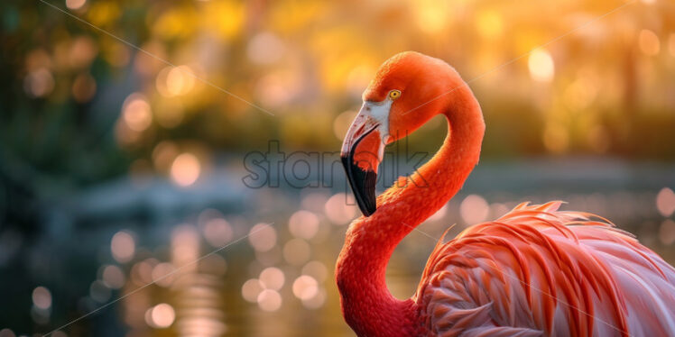 Beautiful flamingo bird in a lake, beauty nature background - Starpik Stock