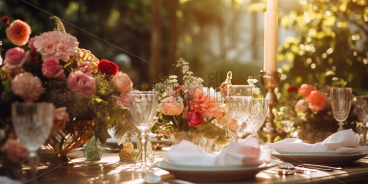 Beautiful table setting with flower bouquets for weddings ceremony - Starpik Stock