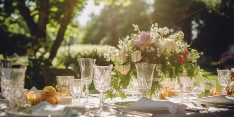 Beautiful table setting with flower bouquets for weddings ceremony - Starpik Stock