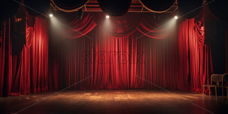 Behind the scenes of a theatre red curtains and lights - Starpik Stock