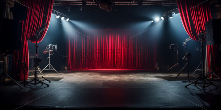 Behind the scenes of a theatre red curtains and lights - Starpik Stock