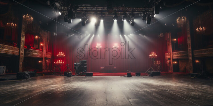 Behind the scenes of a theatre red curtains and lights - Starpik Stock