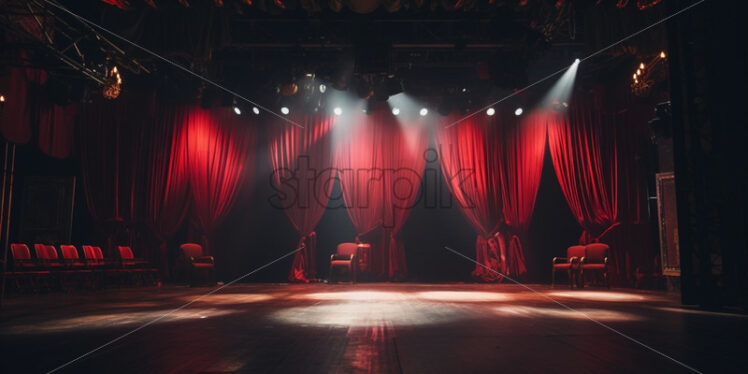 Behind the scenes of a theatre red curtains and lights - Starpik Stock