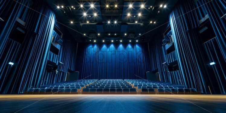 Behind the scenes of a theatre scene with curtains and lights preparing for a show - Starpik Stock