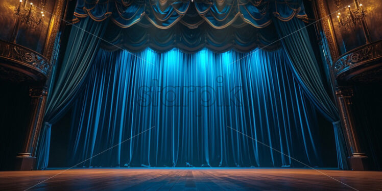 Behind the scenes of a theatre scene with curtains and lights preparing for a show - Starpik Stock